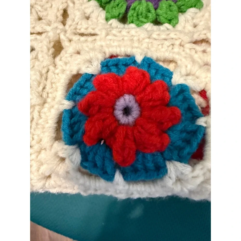 HBlanket Crochet Floral Granny Square Throw Blanket Multicolor Boho Cream NEW
